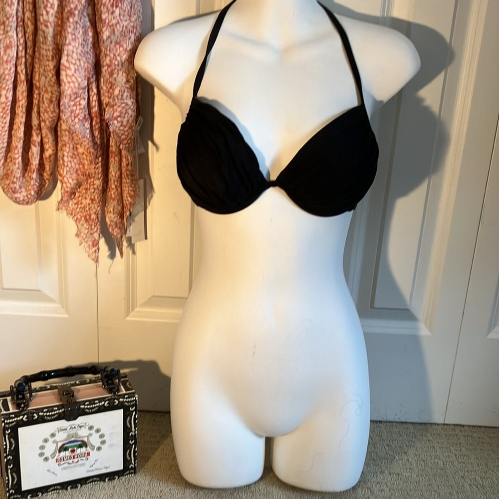 Black molded cup underwire bikini top with ruching across cups